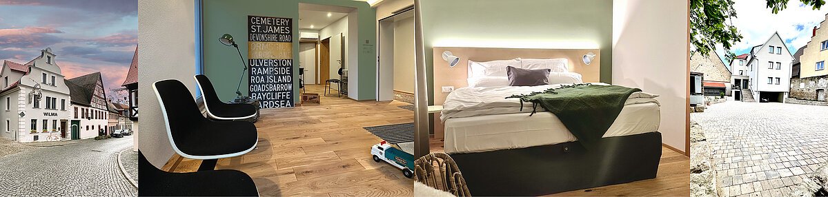 Bilder Collage mit Innen- und Außenansicht vom Hotel