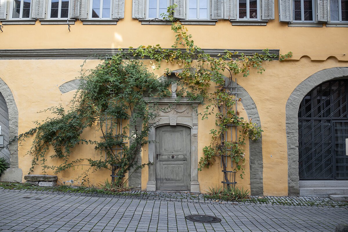 Gelbe Hausfasade mit Grünbewuchs