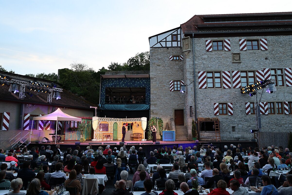 Burg, Bühne und Publikum der Frankenfestspiele in Röttingen