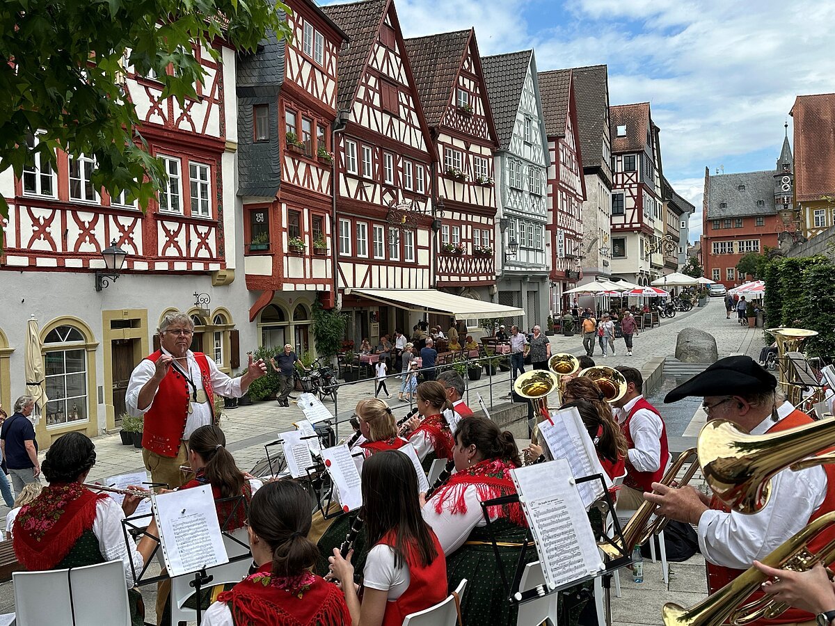 Musik an der Furt. Die Thierbacher Musikanten Eichelsee spielen in Ochsenfurt.