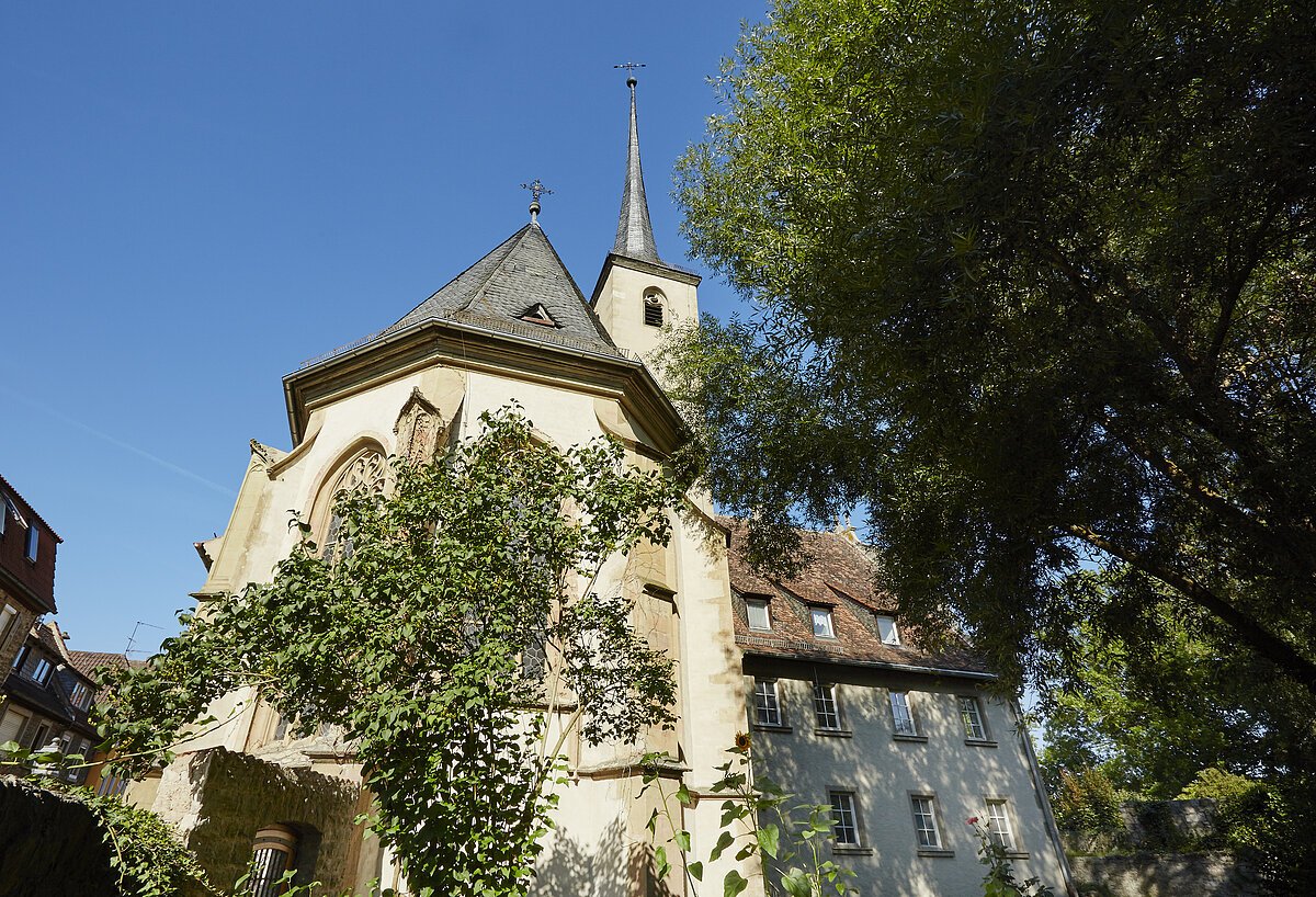 Spitalkirche Ochsenfurt Kirchengebäude mit Bäumen im Vordergrund