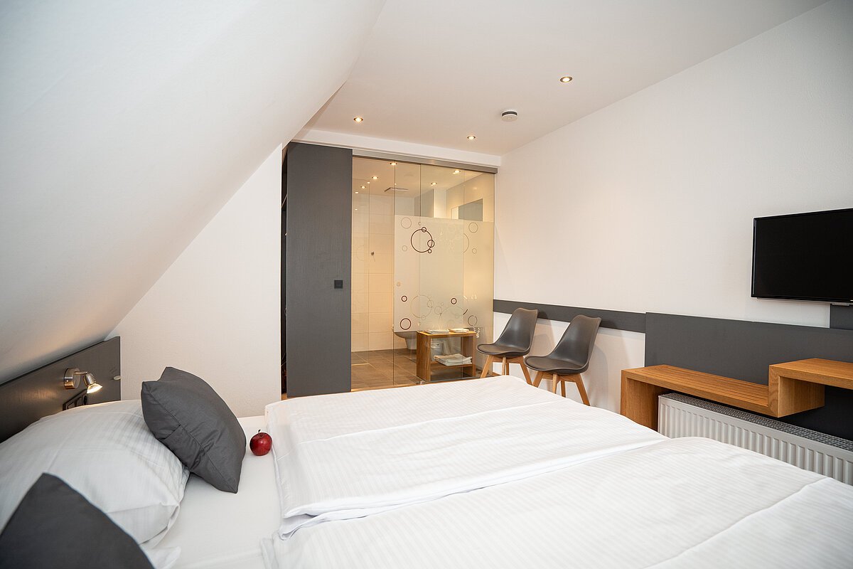 Hotelzimmer mit Bett, TV & Bad